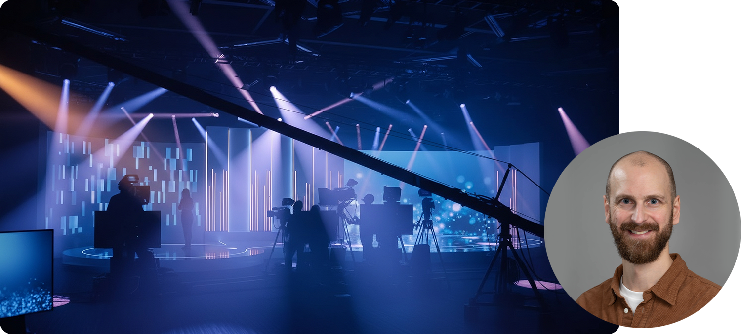 Équipe de production audiovisuelle en studio, portrait d'un employé Digicast.
